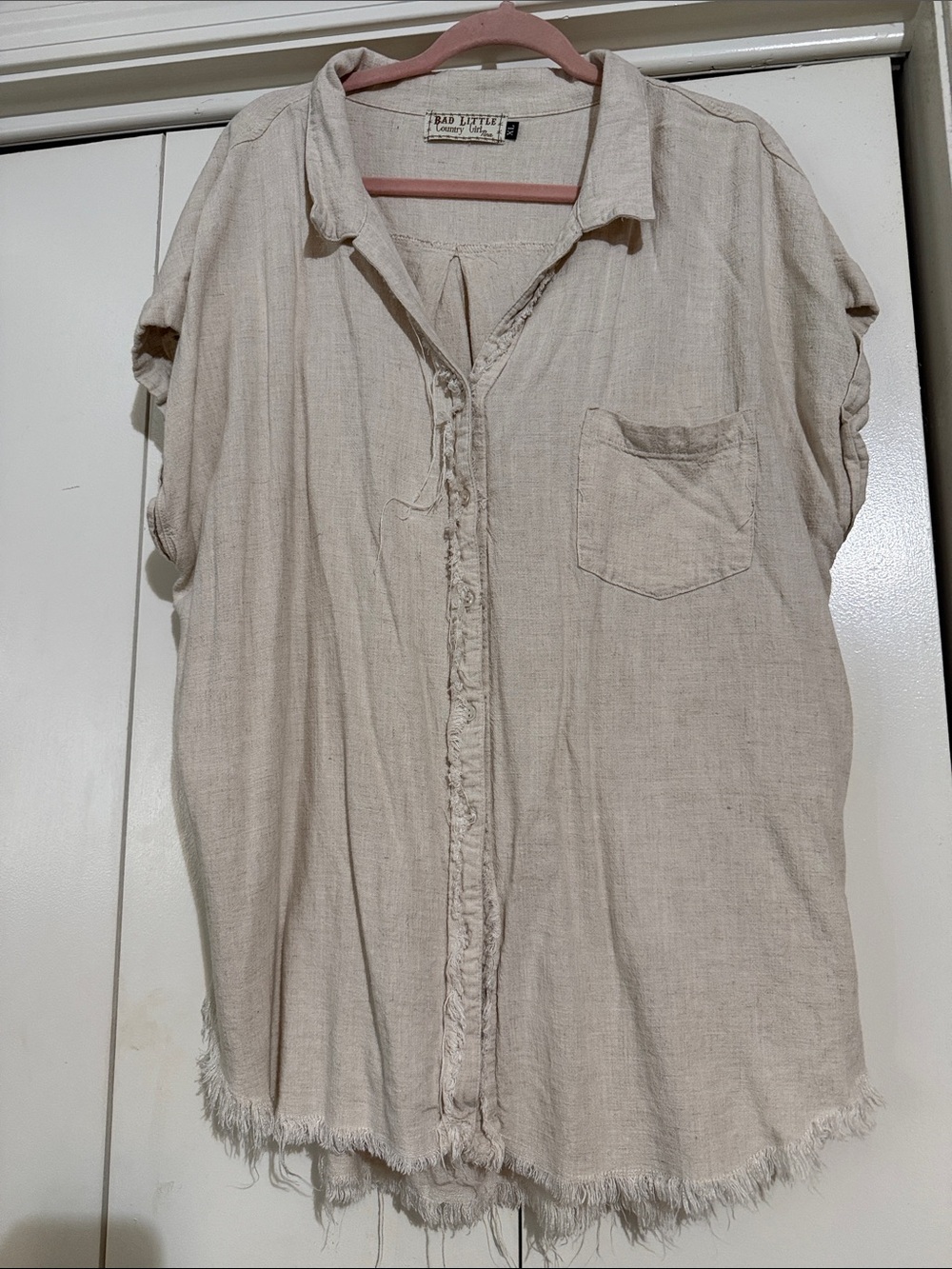Natural Frayed Short Sleeve Button-Down Distressed Shirt